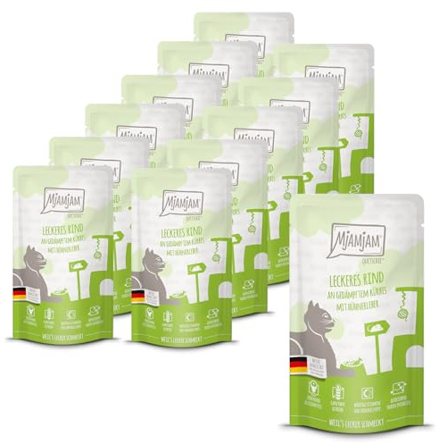 MjAMjAM - nourriture humide premium pour chats - Quetschie - délicieux boeuf au potiron cuit à la vapeur, pack de 12 (12 x 125 g), sans céréales avec un supplément de viande