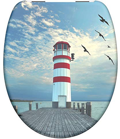 WC-Sitz - Toilettendeckel | Klodeckel mit Absenkautomatik | Duroplast | Toilettensitz mit Muster (Lighthouse)
