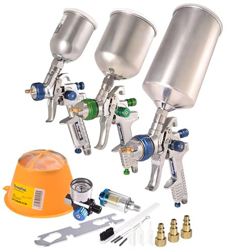Dynastus 3 Paint Gun Set of High Performance HVLP Air Spray Guns, Complete Spraying for Primer, Finish Coats and Touch-Up