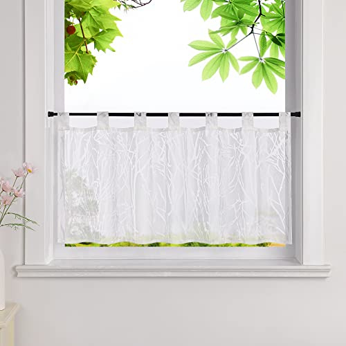 HeichkelL Scheibengardine, Küche Gardine Zweigemuster, Weiß HxB 60x120cm | Ausbrenner Vorhang, Transparent Kurzstores mit Schlaufen Voile