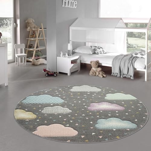Teppich-Traum Kinderteppich Wolke Kinderzimmerteppich in grau blau rosa Größe 120 cm Rund