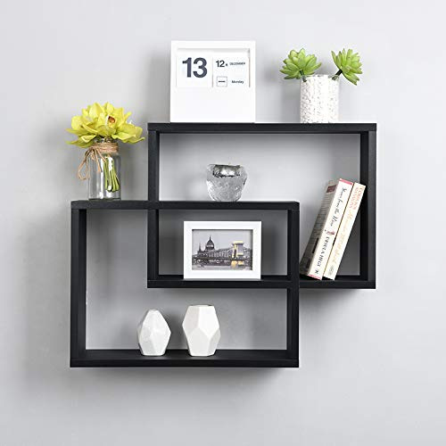 spot on dealz Multi Compartment Display Wall Floating Shelf Wall Decoration 2 Rectangles Antique Style Decorative Collection Organiser (Black)