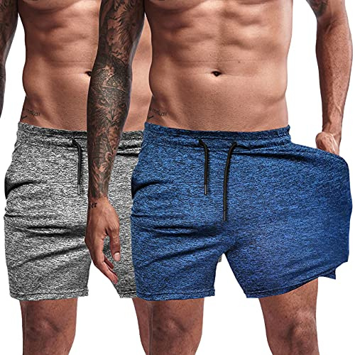Agilelin Sportshorts för män, innersöm med ficka, träning, snabbtorkande, Grå/blå, XXL