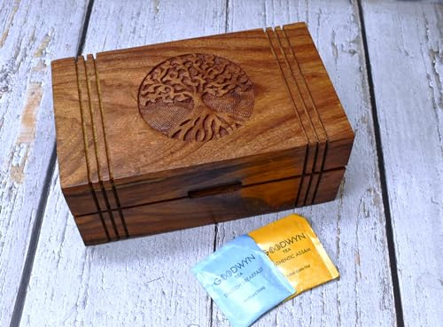 Telåda i trä – tebox för tepåsar organisatör – graverad lövträ tekista med 6 fack – teförvaringsbox multifunktionell förvaring – trä tebox organiserare – 25 x 15 cm (6 facklåda)