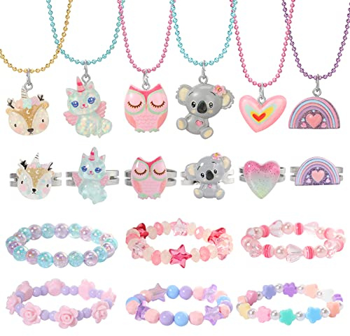 Pinkgarden Licorne et Collier Anneaux Ensembles pour Enfants Petites Filles, Bracelet Bague 6 Ensembles Licorne Anneau et Collier Motifs d'animaux mignons