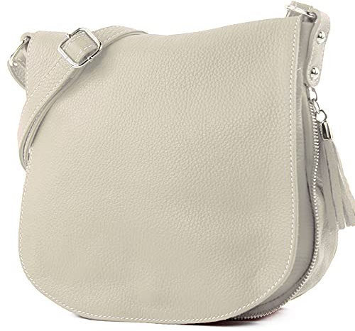 modamoda de - T06 - ital Messenger Umhängetasche aus Leder, Farbe:Hellgrau