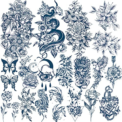18 Bögen Semi-Permanente Tattoos für Frauen, 4 Bögen Große Blumen Dunkelblaue Fake-Tattoos und 14 Bögen Kleine Tattoos 1–2 Wochen Lang Halten, Wasserdichte Temporäre Tattoo (Snake)