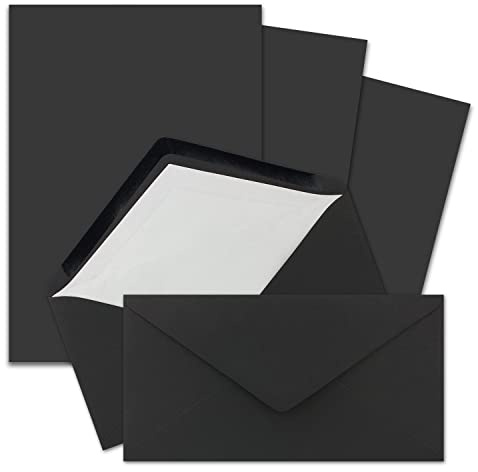 25x Briefpapier-Sets DIN A4 und DL gefütterten Briefumschlägen mit weißem Seidenfutter, Nassklebung - Schwarz - mattes Schreibpapier