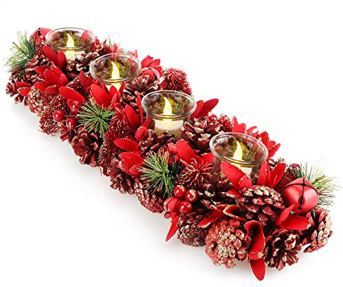 COM-FOUR® Advent wreath oblong, Christmas candlestick for 4 candles, candle holder, Advent arrangement, XL Advent candle holder, candle strip (Advent arrangement red glitter - 4 candles)