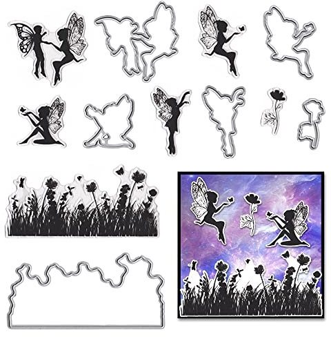 Hying Spring Fairy Flowers Butterfly Clear Stamps and Dies for Card Making, Princess Girls Wings Rubber Stamps Floral Grass Fairy Die Cuts Seal for Crafting DIY Scrapbooking Photo Album Decorations