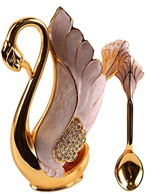 RANRAO 7 Stück Löffel Dessertlöffel Set mit Schwanenhalter Teelöffel Dessertlöffel, Emaille Design Eleganter Schwanenform Löffel Set, Golden Dessertlöffel Set für Kaffee, Dessert, Rühren, Teelöffel