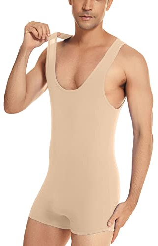 Herren Sportbody kurzes Bein Ringerrücken feingestricktes Singlet Bodysuit Unterhose Männer Unterhemd Sport Unterwäsche Beige M