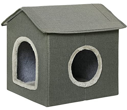 PawHut Katzenhöhle, Katzenhaus mit Kissen, Kratzbrett, Zwei Türen, XXL Katzenhütte Hundehütte Hundehöhle, Katzenbett für Katzen bis 5 kg, Grau, 39 x 43,5 x 40,5 cm