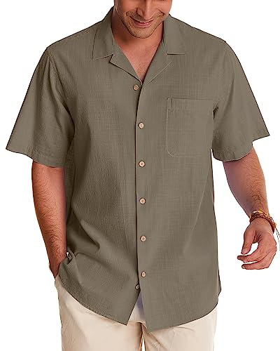 Alimens & Gentle Camisas de Lino y algodón para Hombre, Camisas de Manga Corta con Botones, Camisa Hawaiana de Verano para Hombre, Caqui, X-Large