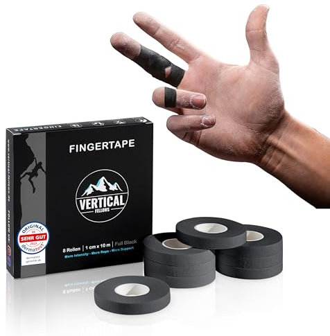 VERTICAL FELLOWS® Klettertape mit PDF Finger Tape Anleitung - DERMATEST sehr gut - ideales Fingertape für Klettern Bouldern Kraftsport Volleyball Handball Kampfsport (8 Rollen - 1cm breit - schwarz)