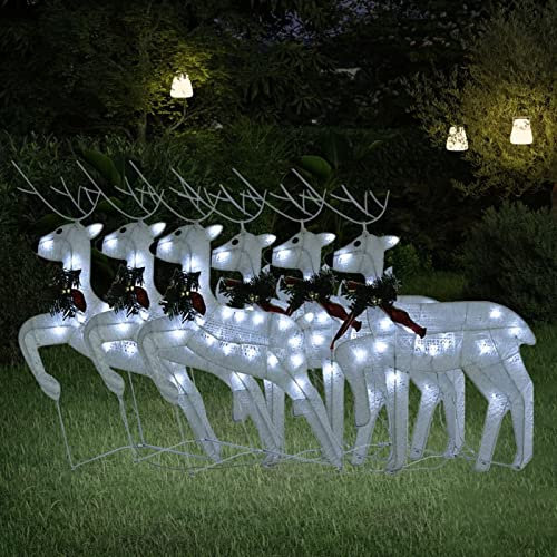 Homgoday LED Rentier, Weihnachtsdekoration, Rentier und Schlitten LED, Schlitten und Rentier, Weihnachtsdekoration, Garten, mit LED, für drinnen und draußen, Baum, Rasen, Garten, 6und Weiß