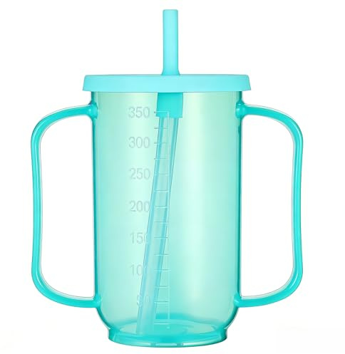 Gatuida Trinkbecher für Erwachsene für ältere Menschen, 350 ml, auslaufsichere Becher, Becher mit zwei Griffen, Wasserbecher mit Strohhalm und Deckel, tragbarer Kunststoff-Trinkhalmbecher für