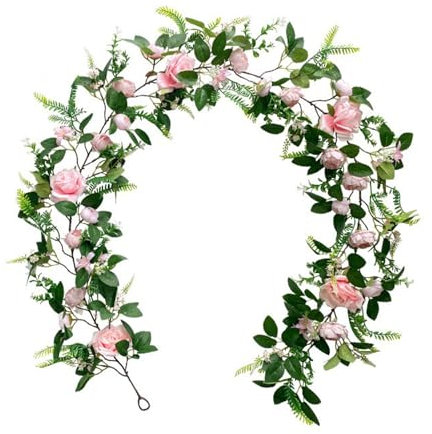 Wnvivi 1,9 Meter Künstliche Blumengirlande, Pfingstrosen-Rosen-Seidenblumenrankengirlande, Frühlingsblumenpflanzengirlande mit Grünen Gänseblümchen für Innen- und Außendekoration(Rosa)