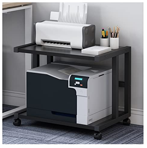 FLYIFE Desktop-Druckerständer, 2 Etagen, rollender Druckerständer, mobiler Druckertisch, Arbeitswagen mit Rollen, Drucker-Desktop-Ständer in Schwarz, Kunststoff und Metall, für Schreibtisch