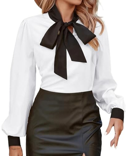 Avanova Women Bow Tie Neck Bishop Long Sleeve Shirts Casual Work Blouses Tops White A Large
