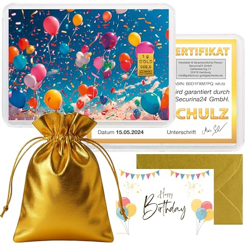 Goldschulz Goldbarren 1g 1 Gramm Motivbox - Geburtstag Ballons - Geschenk + Echtheitszertifikat