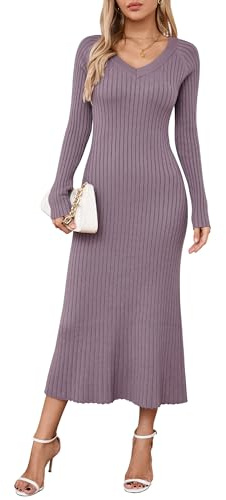 Arach&Cloz Jumper Dress for Women UK Winter Knitted Dresses Bodycon Fishtail V Neck Long Dresses Maxi Sweater (Purple,M)