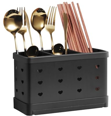 keilend Kitchen Utensil Holder with 3 Compartments, Stainless Steel Cutlery Drainer for Sink with Removable Tray, Black Cutlery Holder with Ventilation Holes for Countertop Organizer - 8x3.5x5 Inch