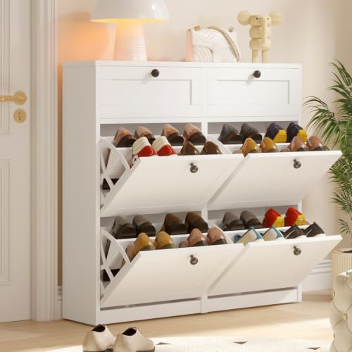 VOWNER Shoe Storage Cabinet 4 Flip Drawers 2 Pull-Out Drawers Shelves | White freestanding shoe cabinet with adjustable shelves for entryway, hallway and living room organization.