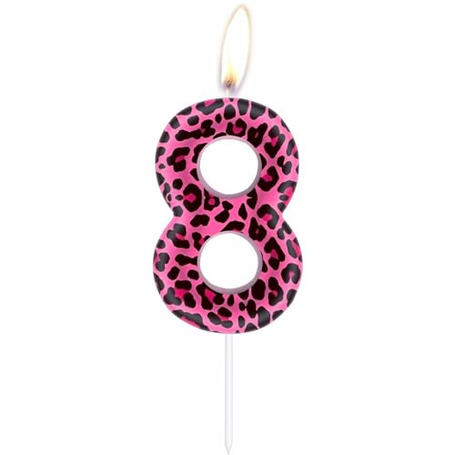 mciskin Velas con números de leopardo rosa, decoraciones de cumpleaños de leopardo, velas de guepardo rosa número 8 para pastel, decoraciones de cumpleaños número 8 para niñas, tema de guepardo para