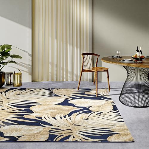 Villeroy & Boch Oktavie In- & Outdoor Teppich Modern - Flachgewebe Aussenteppich, Palmen Blätter Design, ÖKO-TEX Wetterfest & UV-beständig für Balkon, Terrasse, Garten – Dunkelblau Gold, 120x180cm