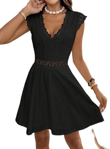 SweatyRocks Damen Kleid Elegant A Linien Kleid mit Rüschen Spitzenkleid Kurzes Partykleid Freizeitkleid mit V Ausschnitt Schwarz XS