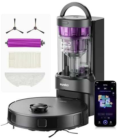 EUREKA E20 Plus Saug- & Wischroboter + beutelloser Multi-Zyklon Absaugstation (Duo-KI-3D-Hindernisvermeidung & Night Vison, 8000Pa, bis zu 300m2, Anti-Haarverhedderung, App- & Sprachsteuerung) schwarz