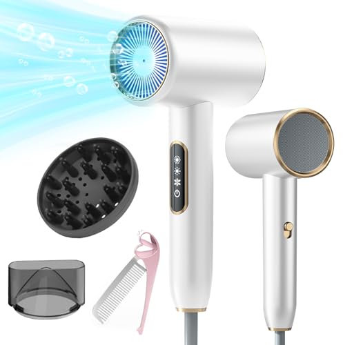 Bizcasa Föhn Haartrockner,2400W Ionischer Haartrockner Mit LCD-Anzeige,3 Temperatureinstellungen,2-Gang,Schnelltrocknen Hair Dryer mit Diffusor und Stylingdüse/Klappkamm,für Reisen/Familie (Weiß)