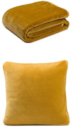Gözze Premium Cashmere-Feeling Decke und 2er Set Cashmere-Feeling Kissen, 180x220 cm + 50x50 cm, Farbe: senf