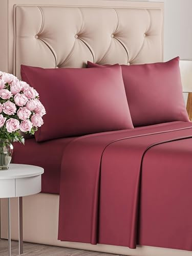 Set lenzuola una piazza e mezza 4 pezzi 135x190 cm - morbida microfibra spazzolata, traspirante e certificata OEKO-TEX - lenzuolo con angoli, lenzuolo piatto 225x255 e 2 federe 50x80 - Borgogna