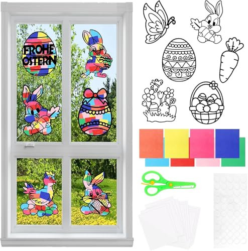 UieaMsio 12 Stück Ostern Basteln Kinder Ostern Papierbastelset Ostereier Bastelset Osterdeko Kreative DIY Ostern Fensterbilder Handwerk für Mädchen Jungen Frühling Ostern Party Geschenk