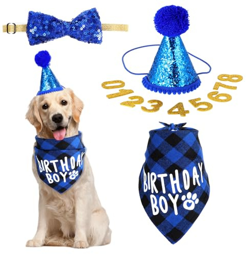 JJUNW 4 Stück Hund Geburtstag Bandana Set, Hund Geburtstag Party Set | Hunde Bandana Mütze mit 8 Bling Nummern und Fliege Hunde Zubehör Set für Welpenkatzenhaustie(blau)