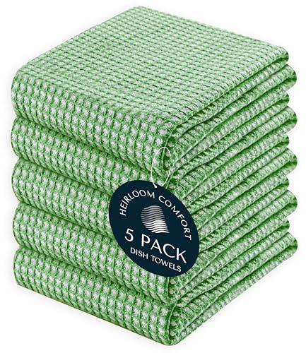 HEIRLOOM COMFORT 5 Pack Dual Tone Waffle Weave Kitchen Towels, 40x66 cm, 100% Cotton Dishcloth Set, Super Absorbent, Quick Drying, Soft Hand Towels for Cleaning, Washing, Durable, Mint Green