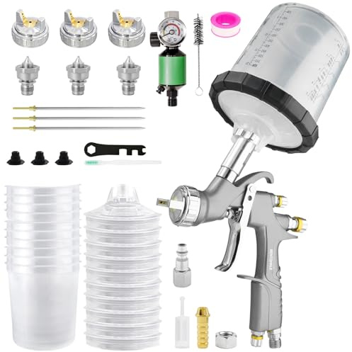 BENTOHKLE D1 LVLP Air Spray Gun Kit with 10Pcs 600ML Disposable Mixing Cups 1.3/1.5/1.7mm Nozzles Automotive Paint Gun Sprayer for Car House Painting Furniture