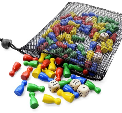 Spielfiguren Set, 80 Bunte Halmakegel Spielfiguren Holz 25 x12mm und 6 Würfel aus Holz mit Säckchen zur Aufbewahrung, Spielfiguren für brettspiele,Rot, Gelb, Blau, Grün