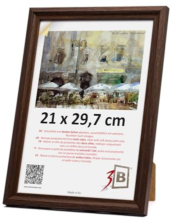 3-B Mori Marcos de fotos de madera con acrílico, marrón oscuro (nogal con veta de madera óptica), 21 x 29,7 cm (A4), marco de fotos, marco para documentos