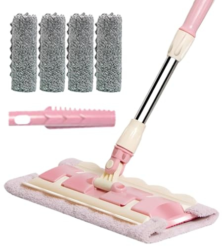 Scopa piatta | Scopa a frange per cucina con 4 teste lavabili, rotazione a 360° per pavimenti in piastrelle, parquet, esterno, terrazza, manico telescopico