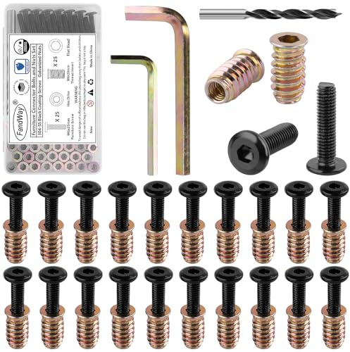 FandWay 60 Pièces Vis de Connexion pour Meubles M6x25 Vis à Tête Plate à Six Pans Creux Insert Fileté Bois,M6x20 mm Écrous à Visser Manchons à Visser en Acier Inoxydable 304 Connecteurs D'armoire.