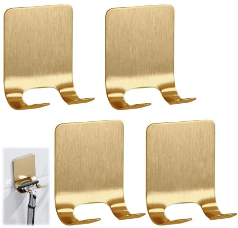 4 Pcs Gold Razor Loofah Holder for Shower Self Adhesive Waterproof Shaver Hooks Waterproof for wall Metal Heavy Duty Utility Storage Hanger Hooks Holder for Towels Accessories Kitchen Bathroom (Gold)