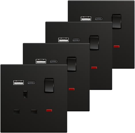 BSEED Single Socket with USB C 4 Pack, Electrical Single Switched Power Plug Wall Socket with LED Indicator, PC Wall Plate Outlet, Black, 13A
