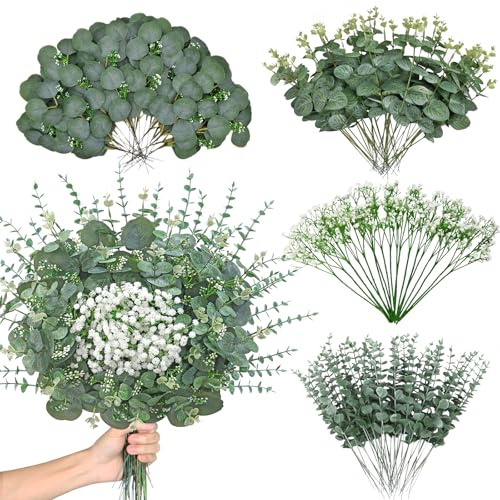 ASTNIC 120 Stück Künstliche Zweige & Kunstblumen, Eukalyptus Deko mit Künstliche Blumen, Schleierkraut Künstlich, Blumenstrauß Künstlich Eukalyptus Pflanze für Hochzeitsdeko, Brautstrauß, Gartendeko