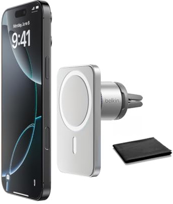 Belkin MagSafe Auto Vent Mount Pro, Magnetische Handyhalterung für iPhone 16/15/14/13/12, Sicherer Halt, Hochformat & Querformat, Kabelmanagement, Lüftungsschlitz-Clip, Magsafe kompatibel, Silber