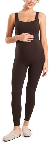MOMANDA Maternity Jumpsuit Workout Romper for Pregnancy Seamless Leggings Bodysuit Sleeveless Square Neck Tank Top Hot Fudge Brown 12