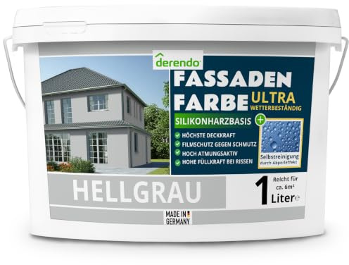 derendo Fassadenfarbe Grau ULTRA Silikonharzfarbe Hellgrau aussen 1l | Für Putz Beton, Abperleffekt, wasserabweisend, UV-beständig, hohe Deckkraft, rissfüllend, diffusionsoffen, Made in Germany,