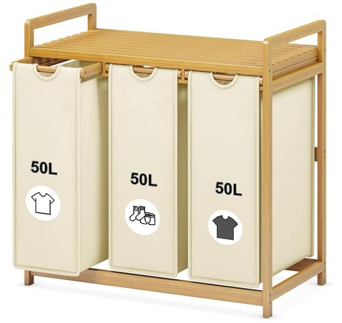 Tiklife Wäschekorb mit 3 Fächern ausziehbarer und abnehmbarer Wäschesack Bambus-Wäschekorb laundry Basket 150L Beige
